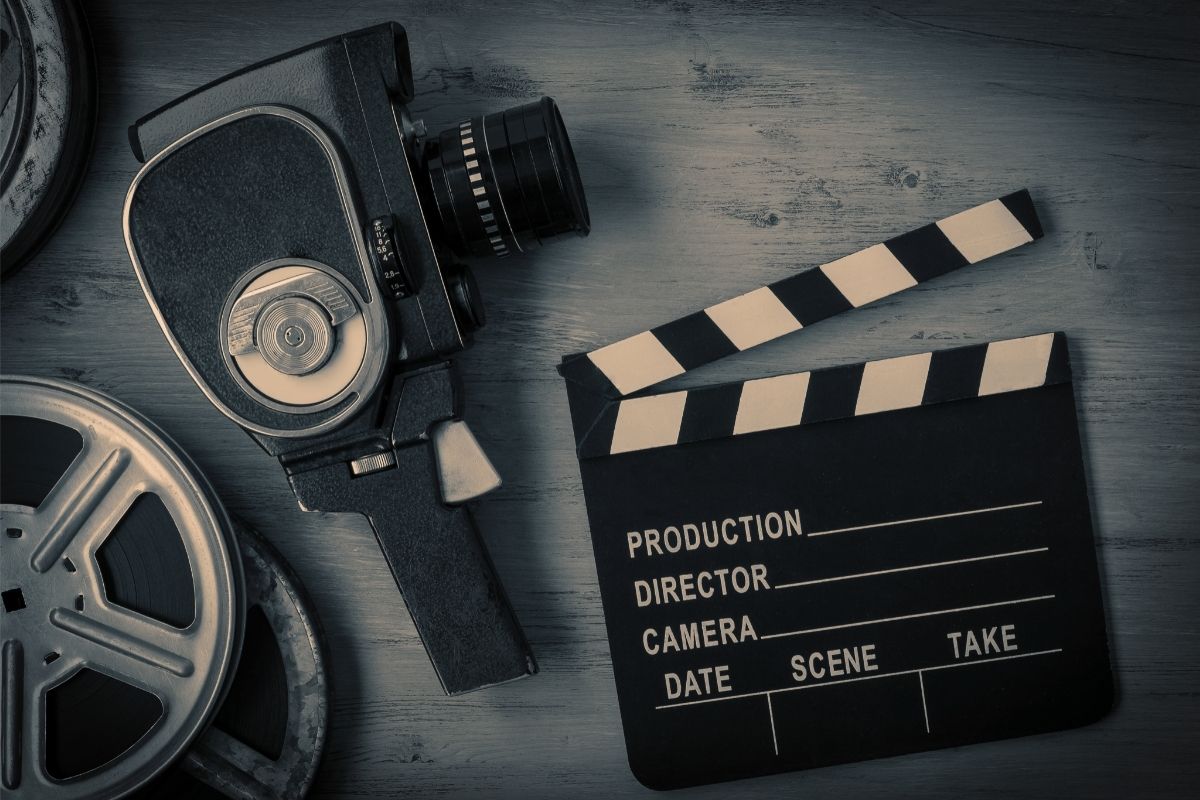 Movie camera, movies & clapperboard