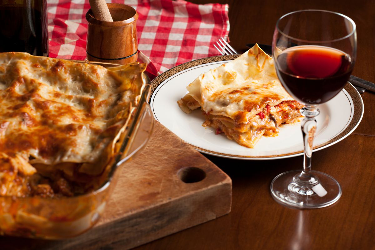 Lasagna and wine
