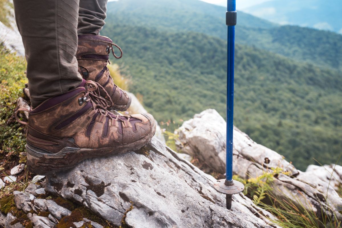 trekking boots and pole