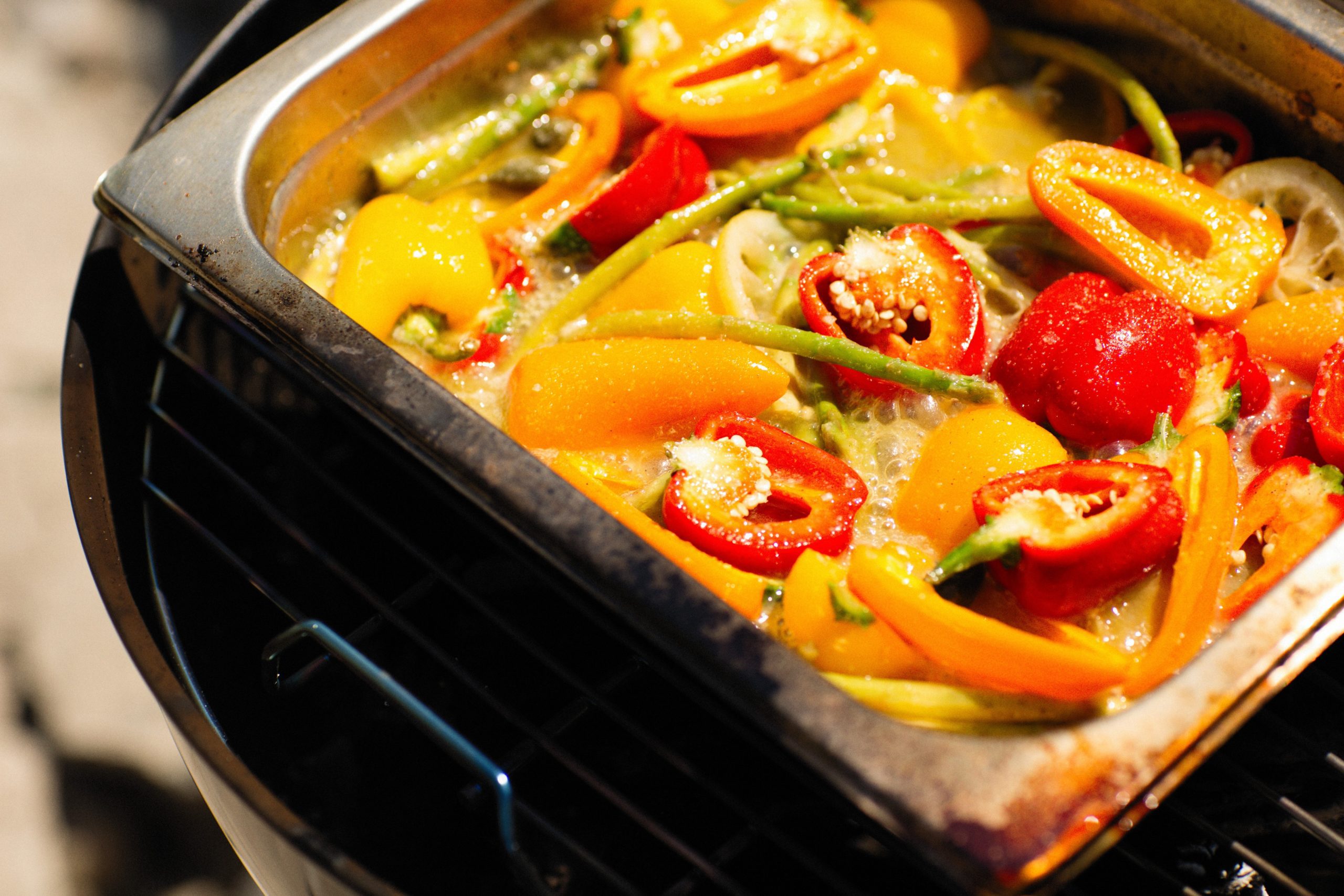 a colorful skillet of italian sausage and peppers