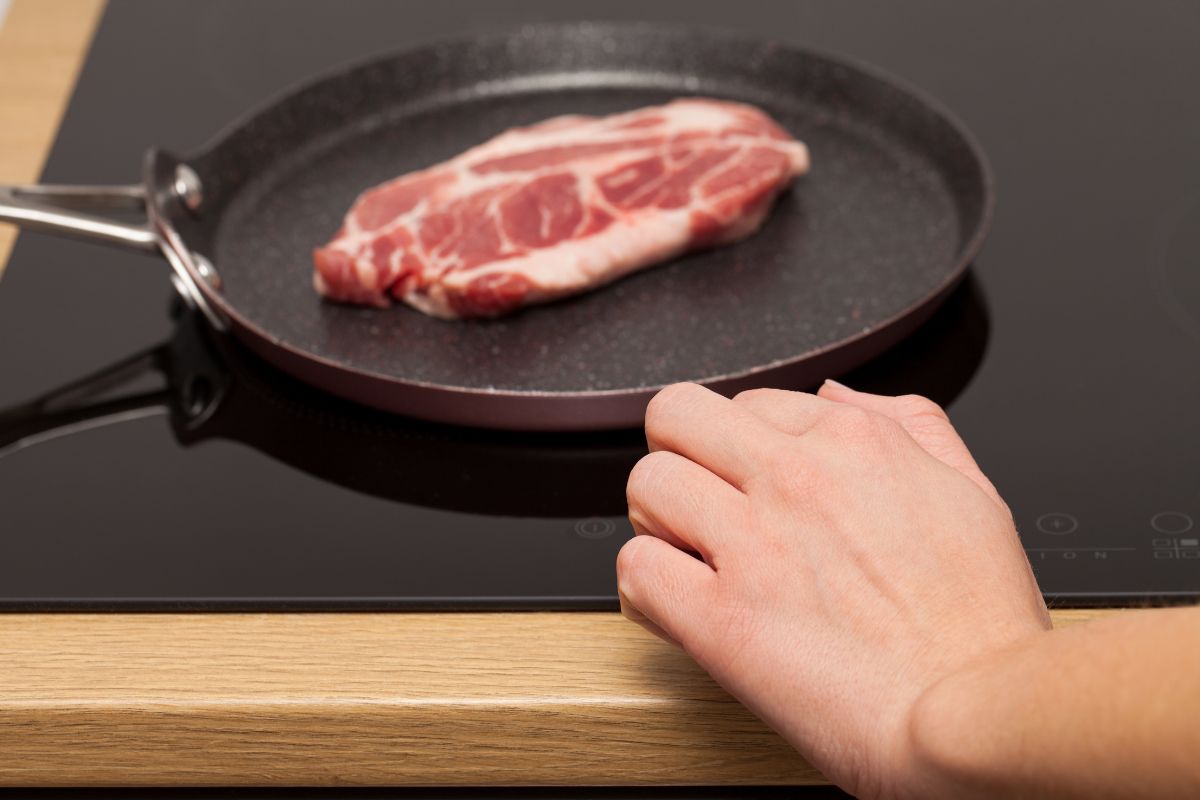 Pork steak in non stick frying pan
