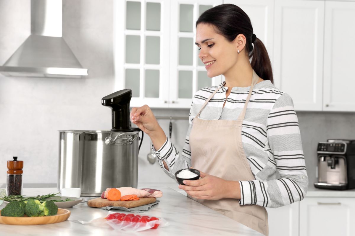 Woman with sous vide cooker